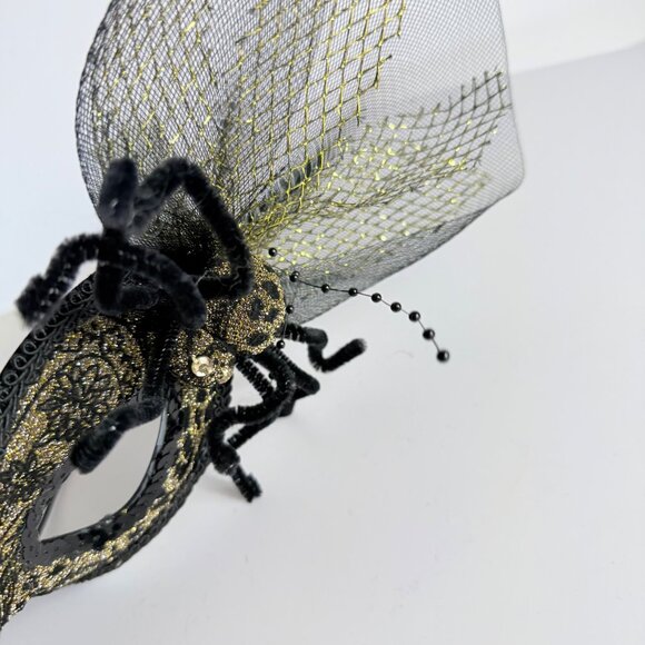 Pier 1 Masquerade Spider Mask VTG Gold Glitter Black Sequin Animal Floral Print - Picture 15 of 16